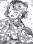  1girl :d bow eyebrows_visible_through_hair eyelashes flower greyscale hair_bow hair_flower hair_ornament half-closed_eyes hands_up highres hololive japanese_clothes kimono long_sleeves looking_at_viewer monochrome nanashi_(nlo74593630) oozora_subaru open_mouth sash short_hair sleeves_past_wrists smile solo upper_body wide_sleeves 
