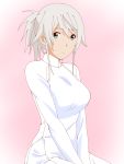  1girl between_legs breasts cowboy_shot dark_skin flying_witch green_eyes grey_hair hand_between_legs highres kowata_akane large_breasts long_sleeves looking_at_viewer maou_(ajtdmw369) pink_background ponytail short_hair silver_hair simple_background solo v_arms vietnamese_dress 