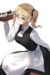  1girl apron blonde_hair blue_eyes blush breasts cake cup food hair_between_eyes hayasaka_ai highres kaguya-sama_wa_kokurasetai_~tensai-tachi_no_renai_zunousen~ long_hair looking_at_viewer maid maid_apron saucer seon_(seonon_) side_ponytail simple_background solo tea teacup tray white_background 