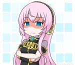  1girl amulet angry armband asymmetrical_sleeves black_dress blue_eyes chibi crossed_arms dress empty_eyes frown gold_trim headphones long_hair looking_at_viewer megurine_luka pink_hair shaded_face single_sleeve solo twitter_username upper_body v-shaped_eyebrows very_long_hair vocaloid yuta1147 