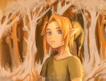  1boy artist_name blonde_hair clivenzu commentary english_commentary forest green_headwear hat highres link looking_at_viewer male_focus nature orange_background parted_lips pointy_ears short_sleeves solo the_legend_of_zelda the_legend_of_zelda:_ocarina_of_time tree upper_body young_link 
