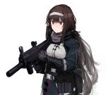  absurdres arm_up assault_rifle bangs belt belt_buckle breasts brown_hair buckle bullpup girls_frontline grey_hairband grey_scarf gun hair_ornament hairband highres holding holding_gun holding_weapon js_9_(girls_frontline) js_9_mm long_hair looking_to_the_side mechanical mechanical_arms rampart1028 red_eyes rifle scarf sidelocks simple_background suppressor trigger_discipline upper_body very_long_hair weapon white_background 