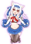  1girl :d animal_ear_fluff animal_ears arm_ribbon azur_lane bangs bare_shoulders black_legwear black_ribbon blue_ribbon blue_sailor_collar blue_skirt blush breasts cat_ears cheerleader commentary_request crop_top elbow_gloves eyebrows_visible_through_hair fang full_body gloves groin hair_between_eyes hair_ribbon head_tilt hestia_(neko_itachi) holding_pom_poms loafers long_hair looking_at_viewer midriff navel neck_ribbon open_mouth outline pleated_skirt pom_poms red_eyes red_ribbon ribbon sailor_collar shirt shoes sidelocks silver_hair simple_background skirt sleeveless sleeveless_shirt small_breasts smile solo standing taut_clothes taut_shirt thigh-highs two_side_up white_background white_gloves white_shirt yukikaze_(azur_lane) zettai_ryouiki 