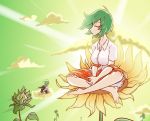  2girls antennae barefoot breasts cape cha_ji_qiye_sui_daiduo_diyu closed_eyes clouds crossed_legs feet flower green_hair highres kazami_yuuka large_breasts multiple_girls plaid plaid_skirt short_hair sitting skirt sky sunflower toes touhou wings wriggle_nightbug 