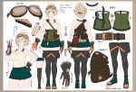 1girl ^_^ accio ass back bare_shoulders belt black_legwear blonde_hair blue_eyes breasts character_sheet closed_eyes gloves goggles goggles_on_head grin looking_at_viewer midriff original pleated_skirt pouch short_hair skirt smile tank_top thigh-highs translation_request v watch watch wrench 