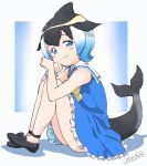 1girl bare_shoulders black_bow black_footwear black_hair blonde_hair blue_dress blue_eyes blue_hair blush bow bowtie commentary_request common_dolphin_(kemono_friends) dolphin_tail dorsal_fin dress eyebrows_visible_through_hair fanta_(the_banana_pistols) frilled_dress frills gradient_hair highres kemono_friends knees_to_chest looking_at_viewer mary_janes multicolored_hair sailor_collar shoe_bow shoes short_hair sitting sleeveless sleeveless_dress smile solo tail white_frills white_hair wristband yellow_neckwear