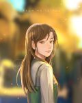  1girl artist_name blurry blurry_background brown_eyes brown_hair clivenzu closed_mouth commentary depth_of_field dress english_commentary from_behind green_dress grey_shirt highres long_hair looking_at_viewer looking_back original pink_lips shirt smile solo upper_body 