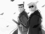  2boys georgekrstic japanese_clothes johnny_bravo johnny_bravo_(series) katana kimono lowres monochrome multiple_boys samurai_jack samurai_jack_(character) simple_background sunglasses sword topknot watch weapon white_background 