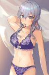  1girl blue_hair bra brown_eyes commentary_request cowboy_shot gotland_(kantai_collection) hair_bun highres kantai_collection long_hair looking_at_viewer miyako_(00727aomiyako) mole mole_under_eye panties purple_bra purple_panties rubber_band solo underwear underwear_only 