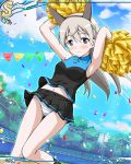  1girl artist_request bangs blonde_hair blush breasts character_request eyebrows_visible_through_hair fence holding holding_pom_poms long_hair looking_at_viewer official_art panties pom_poms sky solo strike_witches striped teeth track_and_field tree underwear world_witches_series 