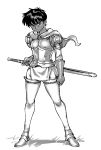  1girl armor berserk breastplate capelet casca commentary dark_skin english_commentary full_body gloves greyscale hand_on_hilt highres monochrome optionaltypo scabbard screentones sheath sheathed short_hair solo standing sword thigh-highs tomboy weapon 