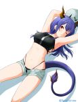  1girl absurdres arknights armpits arms_up artist_name bangs bare_shoulders black_panties blue_hair blush breasts ch&#039;en_(arknights) collarbone commentary dragon_horns feet_out_of_frame felutiahime frown hair_between_eyes highres horns long_hair looking_at_viewer navel one_eye_closed open_clothes open_shorts panties red_eyes shirt short_shorts shorts simple_background sleeveless solo tail underwear white_background white_shirt 