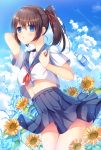  1girl aircraft arm_up bangs blue_eyes blue_skirt blue_sky bottle brown_hair clouds condensation_trail eyebrows_visible_through_hair flower hair_ribbon highres midriff navel original parted_lips pleated_skirt pocari_sweat ponytail red_ribbon ribbon sailor_collar school_uniform serafuku shiny shiny_skin shirt skirt sky solo standing sunflower umitonakai water water_bottle white_shirt wind wind_lift 