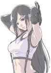  1girl arms_behind_head black_hair cowboy_shot crop_top final_fantasy final_fantasy_vii final_fantasy_vii_remake highres long_hair looking_at_viewer red_eyes sjw_kazuya sketch solo suspenders tifa_lockhart upper_body white_background white_crop_top 