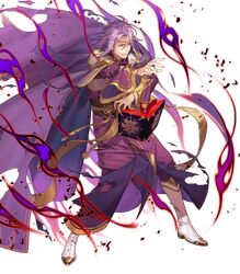  1boy alternate_costume aura belt book boots cape circlet fire_emblem fire_emblem:_the_sacred_stones fire_emblem_heroes full_body highres kazuki_yone long_hair lyon_(fire_emblem) official_art purple_hair red_eyes teeth torn_clothes transparent_background 