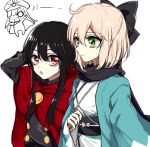  2girls ahoge arm_behind_head bangs black_bow black_hair black_jacket black_scarf blonde_hair bow breasts buttons closed_mouth fate/grand_order fate_(series) green_eyes hair_bow haori jacket japanese_clothes kanon_(ikamiso) kimono koha-ace long_hair long_sleeves multiple_girls oda_nobunaga_(fate) oda_nobunaga_(fate)_(all) okita_souji_(fate) okita_souji_(fate)_(all) open_mouth red_eyes scarf short_hair sidelocks simple_background smile white_background white_kimono wide_sleeves 