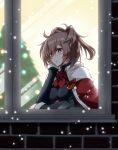  1girl ascot blue_eyes brown_hair capelet flower fur-trimmed_capelet fur-trimmed_sleeves fur_trim kantai_collection long_hair long_sleeves messy_hair official_alternate_costume red_ascot red_capelet red_flower red_rose rose sheffield_(kancolle) snowing solo suke_(share_koube) window 