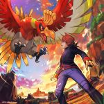  1boy bangs bird bird_focus black_jacket blue_pants claws clouds commentary_request creature flying gen_2_pokemon hankuri highres ho-oh jacket legendary_pokemon long_hair long_sleeves open_mouth outdoors pants pokemon pokemon_(creature) pokemon_(game) pokemon_hgss pokemon_masters profile red_eyes redhead silver_(pokemon) sky standing swept_bangs 