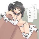  1girl animal_ears animal_print bell bell_collar bikini black_hair brown_eyes collar cow_ears cow_girl cow_print cow_tail ear_tag elbow_gloves gloves highres horns looking_at_viewer original solo speech_bubble sweat swimsuit tail thigh-highs translated twintails yakihebi 
