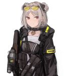  1girl bangs black_choker breasts bullpup choker closed_mouth collarbone double_bun eyewear_on_head girls_frontline gun hair_ornament highres holding holding_gun holding_weapon hood hood_down jacket long_sleeves looking_at_viewer p90 p90_(girls_frontline) rampart1028 red_eyes scope short_hair simple_background smile solo strap submachine_gun sunglasses tactical_clothes upper_body weapon 
