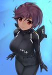  1girl ahoge breasts commentary_request eyebrows_visible_through_hair japan_maritime_self-defense_force japan_self-defense_force kuuro_kuro large_breasts looking_at_viewer mecha_musume military name_tag original personification purple_hair red_eyes short_hair smile solo swimsuit underwear 