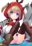 1girl :o arm_support ass azur_lane bangs black_capelet black_legwear black_skirt boots bow brown_bow brown_footwear brown_ribbon capelet commentary_request cowboy_shot eyebrows_visible_through_hair fur-trimmed_capelet fur_trim hair_between_eyes hair_through_headwear highres hood hood_up hooded_capelet knees_up light_brown_hair long_sleeves looking_at_viewer machinery norfolk_(azur_lane) panties pantyshot pink_panties red_hood ribbon rigging s_nyaau searchlight shirt sidelocks simple_background sitting sitting_on_liquid skirt solo thigh-highs torpedo twintails underwear violet_eyes white_background white_shirt 