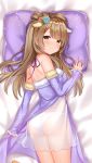  1girl ass back bare_shoulders bed_sheet breasts brown_hair dakimakura detached_sleeves flower fur_trim hair_bun hair_flower hair_ornament highres large_breasts long_hair long_sleeves looking_at_viewer love_live! love_live!_school_idol_project lying minami_kotori nightgown one_side_up panties pillow see-through shouu-kun smile solo underwear white_panties 