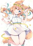  1girl animal_ear_fluff animal_ears bangs blue_bow blush bow breasts brown_hair cat_ears cat_tail full_body hair_bow head_wreath heterochromia highres looking_at_viewer medium_breasts open_mouth original satsuki_mayuri solo tail twintails white_background 