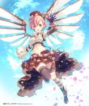  1girl age_of_ishtaria asymmetrical_clothes bangs blush breasts brown_hair gears gloves green_eyes hat jonejung looking_at_viewer mechanical_wings medium_breasts midriff mismatched_legwear mismatched_sleeves navel official_art open_mouth single_glove solo thigh-highs wings 