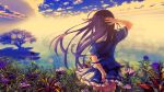  1girl artist_request back character_request clouds cloudy_sky copyright_request facing_away flower grass horizon long_hair non-web_source school_uniform sky solo source_request tree 