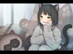  1girl :d amashiro_natsuki animal_ear_fluff animal_ears bangs black_hair blurry blurry_background blush cat_ears cat_girl cat_tail commentary curtains depth_of_field eyebrows_visible_through_hair fang green_eyes green_nails grey_pants grey_sweater hand_up highres indoors letterboxed long_sleeves mole mole_under_eye nail_polish open_mouth original pants sitting sleeves_past_wrists smile solo sweater symbol_commentary tail window 