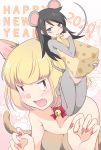  2020 2girls animal_costume animal_ears bags_under_eyes bare_shoulders bell black_hair blonde_hair blush cat_ears cat_tail cheese chinese_zodiac claw_pose commentary_request eating fangs fingernails flower food green_eyes happy_new_year highres hikaru_(ofuton_at5) jingle_bell kuroki_tomoko long_fingernails long_hair mouse_costume mouse_ears mouse_tail multiple_girls new_year open_mouth red_nails short_hair tail uchi_emiri watashi_ga_motenai_no_wa_dou_kangaetemo_omaera_ga_warui! year_of_the_rat 