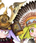  2girls absurdres animal_ears armor blonde_hair child collar dog_child_(doitsuken) dog_ears doitsuken fang feathers fox_child_(doitsuken) fox_ears fox_girl headdress helmet highres japanese_armor kabuto multiple_girls native_american_headdress original ornate_armor purple_hair red_eyes short_hair simple_background slit_pupils spiked_collar spikes white_background wolf yellow_eyes 