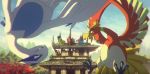  bird blue_sky brass_tower_(pokemon) clouds cloudy_sky commentary creature day ecruteak_city english_commentary entei flying gen_2_pokemon ho-oh lugia no_humans outdoors plumepox pokemon pokemon_(creature) raikou ruins sky suicune tower 