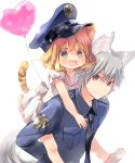  1boy 1girl :d animal_ear_fluff animal_ears balloon bangs black_neckwear blonde_hair blue_eyes blue_headwear blue_shirt blush bow carrying cat_boy cat_ears cat_girl cat_tail child closed_mouth collared_shirt commentary_request dress dress_shirt eyebrows_behind_hair eyebrows_visible_through_hair fangs grey_hair hair_between_eyes hat heart_balloon highres kuga_tsukasa necktie open_mouth original peaked_cap piggyback pink_footwear pleated_dress police police_hat police_uniform puffy_short_sleeves puffy_sleeves sailor_collar sailor_dress shirt shoe_soles shoes short_sleeves simple_background smile tail uniform upper_teeth white_background white_bow white_dress white_sailor_collar 