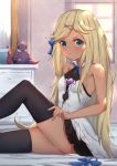  1girl bangs bare_arms bare_shoulders black_legwear blonde_hair blue_bow blue_eyes blue_nails blush bow breasts closed_mouth commentary_request dark_skin dress eyebrows_behind_hair glint granblue_fantasy hair_bow hair_down hair_ornament hairclip highres io_euclase knee_up long_hair looking_at_viewer mirror nail_polish sitting sleeveless sleeveless_dress small_breasts solo thigh-highs uneg v-shaped_eyebrows very_long_hair white_dress window x_hair_ornament 