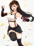  1girl :d artist_name bare_shoulders black_gloves black_hair black_legwear black_skirt breasts clenched_hand collarbone crop_top earrings elbow_gloves final_fantasy final_fantasy_vii final_fantasy_vii_remake fingerless_gloves flower gloves highres jewelry killy_doodle large_breasts leaf leg_up long_hair low-tied_long_hair miniskirt navel open_mouth orange_eyes petals shirt skirt smile solo sports_bra suspender_skirt suspenders tank_top teeth thigh-highs thighs tifa_lockhart white_shirt yellow_flower zettai_ryouiki 