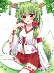  1girl :d animal_ear_fluff animal_ears bangs bare_shoulders bell blush bow breasts bubble clover commentary_request detached_sleeves eyebrows_visible_through_hair fang flower four-leaf_clover grass green_flower green_hair hair_bell hair_between_eyes hair_bow hair_flower hair_ornament jingle_bell long_hair long_sleeves looking_at_viewer maki_soutoki on_grass open_mouth original pleated_skirt red_bow red_eyes red_skirt ribbon-trimmed_legwear ribbon_trim shirt sitting skirt sleeveless sleeveless_shirt sleeves_past_wrists small_breasts smile solo tail tail_raised thigh-highs white_legwear white_shirt white_sleeves wide_sleeves yellow_flower 