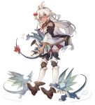  1girl achan_(blue_semi) ahoge blush boots bow dark_skin detached_sleeves dragon full_body granblue_fantasy hair_between_eyes hair_bow holding_creature long_hair red_bow red_eyes simple_background smile solo tail tail_bow thigh-highs white_background white_hair zooey_(granblue_fantasy) 