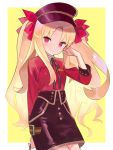  1girl bangs black_headwear black_skirt blonde_hair border bow breasts closed_mouth contemporary ereshkigal_(fate/grand_order) fate/grand_order fate_(series) hair_bow hand_in_hair hat highres long_hair long_sleeves looking_at_viewer parted_bangs peaked_cap red_bow red_eyes red_shirt shirt skirt small_breasts smile solo two_side_up white_border yellow_background zenshin 