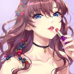 1girl bangs bare_shoulders black_bow blue_eyes blueberry blush bow bow_choker brown_hair choker collarbone ear_piercing eyebrows_visible_through_hair food fruit gradient gradient_background hair_between_eyes hair_fruit highres holding_lipstick_tube ichinose_shiki idolmaster idolmaster_cinderella_girls lipstick lipstick_tube long_hair looking_at_viewer makeup multicolored multicolored_nails nail_polish nishimura_eri parted_lips piercing plant raspberry smile solo upper_body vines 