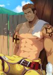  1boy abs bara beard belt blue_eyes bottle brown_hair bulge chest facial_hair gyee highres looking_at_viewer male_focus multicolored_hair muscle navel nipples orange_hair pectorals rand_(gyee) shirtless sitting smile solo sweatdrop tan tanline tattoo towel upper_body water_bottle zifuuuun 