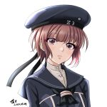  1girl blue_dress blue_headwear brown_eyes brown_hair clothes_writing commentary_request dated dress hat kantai_collection sailor_dress sailor_hat short_hair signature simple_background solo tk8d32 white_background z3_max_schultz_(kantai_collection) 