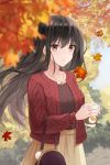  1girl absurdres autumn autumn_leaves bag bangs black_hair black_shirt blurry_foreground brown_eyes cardigan closed_mouth collarbone day dyamong042 eyebrows_visible_through_hair floating_hair hair_between_eyes handbag highres jewelry leaf leaf_earrings long_hair long_sleeves maple_leaf necklace open_cardigan open_clothes original outdoors red_cardigan shiny shiny_hair shirt skirt solo standing very_long_hair yellow_skirt 