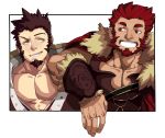  239_239 2boys abs absurdres alternate_eye_color arm_on_shoulder armor bara beard brown_hair cape chest collar couple eye_contact facial_hair fate/grand_order fate/zero fate_(series) fur_collar goatee highres iskandar_(fate) jacket leather looking_at_another male_focus military military_uniform multiple_boys muscle napoleon_bonaparte_(fate/grand_order) no_scar open_clothes open_jacket open_shirt red_eyes redhead sideburns six_fanarts_challenge sleeveless smile smirk teeth uniform yellow_eyes 