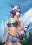  1girl arknights bangs bare_arms bare_shoulders baseball_cap bikini blue_hair blue_sky breasts ch&#039;en_(arknights) clouds commentary cowboy_shot day dragon_horns folded_ponytail grey_bikini grey_shorts hair_between_eyes hat heart highleg highleg_bikini highres horns klon large_breasts long_hair mouth_hold navel open_fly pouch red_eyes short_shorts shorts sky solo standing stomach swimsuit 
