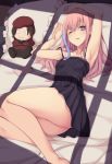  1girl armpits arms_up bare_legs bare_shoulders black_camisole cellphone collarbone commentary girls_frontline hair_between_eyes highres long_hair looking_at_viewer lying magatsuizanagi000 multicolored_hair one_eye_closed parted_lips phone pillow pink_hair solo spaghetti_strap st_ar-15_(girls_frontline) streaked_hair violet_eyes window_shade 
