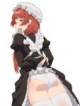  1girl 2l_(2lsize) absurdres ass bangs black_dress blush commentary_request dress dress_lift hat highres juliet_sleeves lifted_by_self long_hair long_sleeves looking_at_viewer maid mob_cap original panties puffy_sleeves redhead simple_background solo thigh-highs underwear white_background white_headwear white_legwear white_panties 
