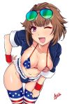  1girl aiuchi american_flag_bikini american_flag_legwear artist_name aviator_sunglasses bikini breasts brown_hair commentary_request cowboy_shot eyewear_on_head fingerless_gloves flag_print girls_frontline gloves grizzly_mkv_(girls_frontline) highres large_breasts leaning_forward looking_at_viewer one_eye_closed red_gloves short_hair simple_background smile solo standing sunglasses swimsuit thigh-highs violet_eyes white_background 