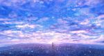  1girl ahoge backlighting capelet clouds cloudy_sky colorful dark dress fantasy field grass highres horizon landscape leaf light_particles long_hair looking_afar low-tied_long_hair original outdoors sakimori_(hououbds) scenery silhouette sky solo sunlight twilight wind 